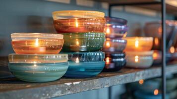 A stack of handblown glass bowls each one unique rests on a shelf reflecting the warm glow of the candles. 2d flat cartoon photo