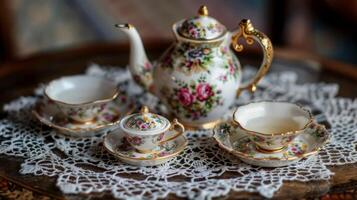 A miniature tea set complete with a teapot cups and saucers carefully arranged on a lace doily. photo