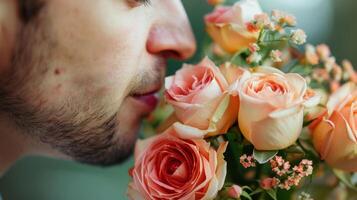 un de cerca de un mans cara como él profundamente inhala el dulce aroma de un recién escogido ramo de flores de rosas foto