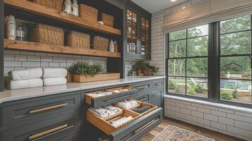 The custom cabinetry in this laundry room maximizes functionality with clever pullout shelves and hidden storage for cleaning supplies photo