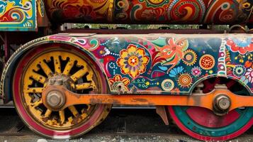 A brightlycolored steam roller adorned with retro decals draws the attention of passersby with its unusual design and intricate patterns photo