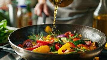 A gleaming stainless steel pan sizzling with stirfried vegetables being drizzled with a flavorful organic cooking oil photo