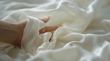 A person gently running their hand over a silk pillowcase marveling at its soft and smooth texture photo