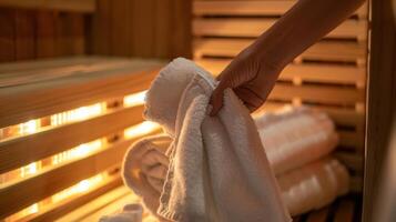 A person removes towels from the infrared sauna ready to begin their pain management session. photo