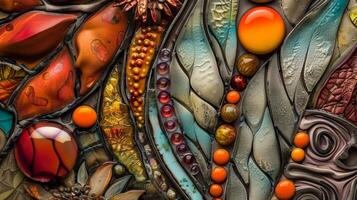 A stunning wall hanging with a mix of earth tones and bright pops of color composed of both fused clay and glass pieces that come together to create a cohesive and captivating work photo