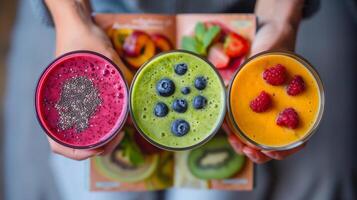 A person holding up a Smoothies 101 cookbook with mouthwatering images of different smoothie recipes photo
