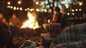 A bonfire crackles in the background as guests gather around with blankets and mugs of hot tea in hand enjoying each others company and the peaceful evening atmosphere photo