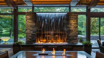 A stunning combination of nature and contemporary design this fireplace features a waterfall that cascades down a stone backdrop. 2d flat cartoon photo