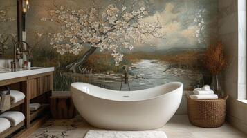 As a decorative accent a mosaic tile mural of a blossoming tree adds a touch of nature and tranquility to this serene bathroom creating a Zenlike atmosphere photo