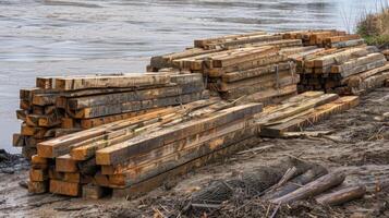 A pile of wooden planks and beams stacked along the shore waiting to be used in the construction of the bridges platform photo