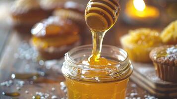 A jar of sweet and sticky honey just waiting to be drizzled over a warm batch of homemade muffins or cornbread photo