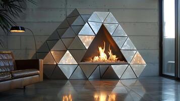 A unique triangular fireplace design made up of modular units for a oneofakind addition to any space. 2d flat cartoon photo