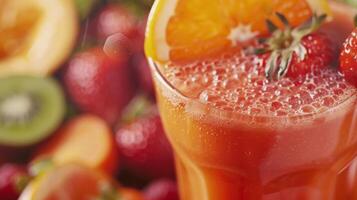 A closeup of a healthy and colorful fruit and vegetable juice made from fresh ingredients photo