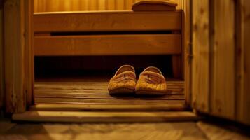A pair of wooden slippers p outside of the sauna door indicating that someone is inside. photo