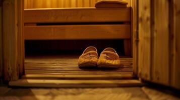 A pair of wooden slippers p outside of the sauna door indicating that someone is inside. photo