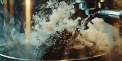 A roasting machine spewing out a cloud of fragrant smoke as it transforms raw beans into rich aromatic coffee photo