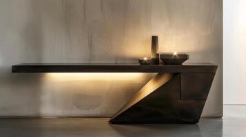 The play of light and shadow created by the geometric candles adds depth and dimension to the contemporary console table. 2d flat cartoon photo