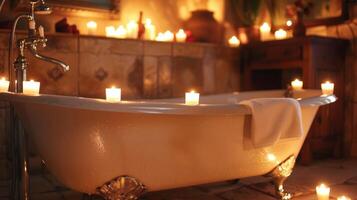 In a luxurious bathroom a clawfoot bathtub is adorned with several small candles creating a relaxing spalike atmosphere. 2d flat cartoon photo