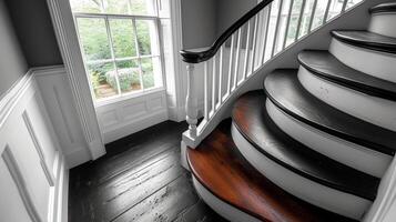 A black and white image highlighting the contrasting elements of a bespoke staircase with dark hardwood steps and a white painted railing creating a striking visual impact photo