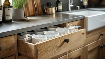 A closeup of an understair pullout drawer system perfect for storing kitchen appliances linens and other household items while maintaining a clean and clutterfree look photo