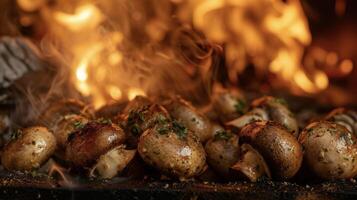 The deep woodsy flavors of these mushrooms are complemented by the warmth of the fire creating a truly comforting and satisfying dish. The roasted garlic and herbs add a subtl photo