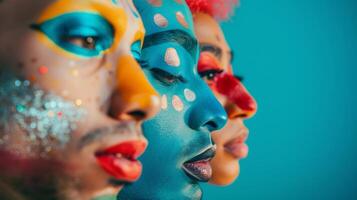 un grupo de hombres con diferente doble orientaciones con orgullo abrazando su identidades y expresando sí mismos mediante negrita poco convencional maquillaje mira foto