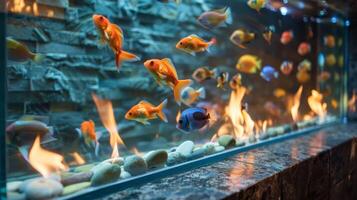A sleek stone fireplace with a glass barrier filled with dancing flames. A colorful array of tropical fish swim in the builtin aquarium below. 2d flat cartoon photo