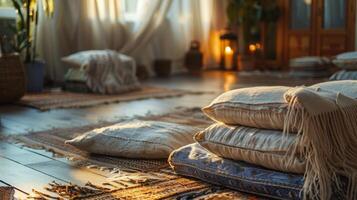 A meditation area with cozy cushions and blankets perfect for relaxing after a yoga session photo