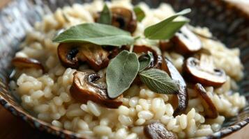 un sabroso seta risotto cocido a perfección y coronado con crujiente sabio hojas foto