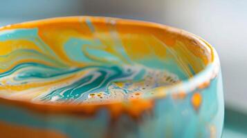 A picture of a ceramic mug with a marbled rim created by swirling together different colored clays before shaping and firing. photo