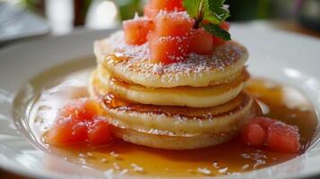 ligero y mullido estos Coco panqueques con un lado de guayaba jarabe son un tributo a el tropical desayuno recetas de el temprano Vigésimo siglo foto