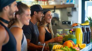 A group of fitness enthusiasts gather around a smoothie bar eagerly watching as their custommade smoothies are being prepared with fresh ingredients photo