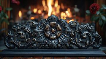 A closeup of a cast iron fireback showcasing its detailed design and adding a touch of vintage charm to the fireplace photo