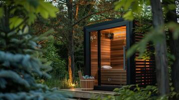 un sereno al aire libre sauna rodeado por naturaleza el natural belleza y calmante atmósfera contribuyendo a en general bienestar y mejorando digestivo función. foto