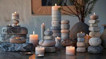 Reminiscent of a natural wonder these candles are stacked and arranged in a way that mimics a geological formation adding a touch of drama and intrigue. 2d flat cartoon photo