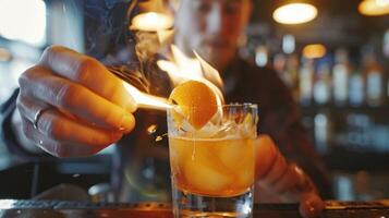 A person watches as a bartender flames an orange peel adding a smoky element to a mocktail photo