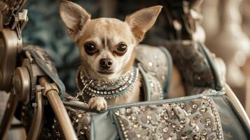 A pampered chihuahua sits in a customized stroller adorned with luxurious fabrics and sparkling details being pushed by its loving owner photo