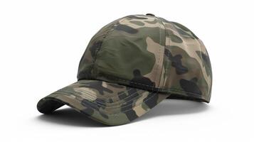 Blank mockup of a camouflage print baseball cap with a flat brim and adjustable s. photo