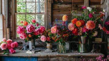 vibrante floraciones de rosas peonías y dalias traer un Estallar de color a el taller agregando un toque de elegancia a el rústico alrededores. 2d plano dibujos animados foto