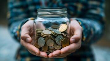 A person holding a jar filled with money representing the savings they will have by not spending on alcohol during Dry January photo