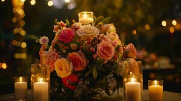 Delicate flower arrangements were illuminated by the soft light of the candles adding a touch of elegance and sophistication to the outdoor studio. 2d flat cartoon photo