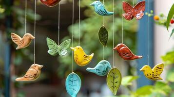 A set of clay wind chimes featuring various animal shapes like birds and butterflies each one dangling from a different leaf or flower. photo