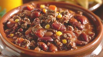 A hearty bowl of chili con carne filled with chunks of beef and beans warms the soul on a cool Western evening photo