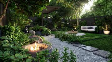 Lush greenery and potted plants add natural beauty to the contemporary backyard with the fire pit serving as the perfect gathering spot amidst the foliage. 2d flat cartoon photo
