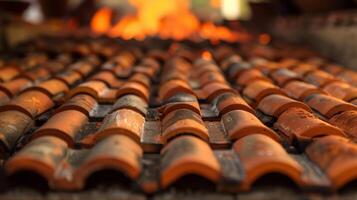 un horno disparo arriba Listo a hornear filas de arcilla losas a perfección y traer fuera su vibrante colores. foto