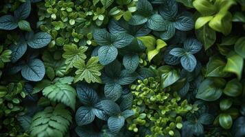 A closeup of a lush living wall reveals intricate patterns of various shades of green providing a serene backdrop in any room photo