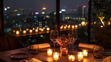 The candles create a soft and alluring ambiance making the rooftop dinner a perfect spot for a romantic date night. 2d flat cartoon photo