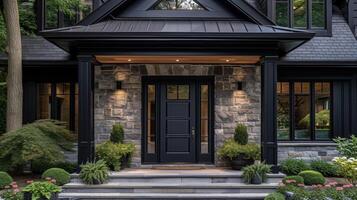 The shiny br door gleams in the sunlight adding a touch of warmth and luxury to the front entryway photo