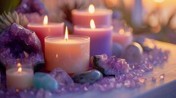 A serene meditation space is brought to life with a glowing candlescape centerpiece featuring a variety of scented candles and crystals. 2d flat cartoon photo