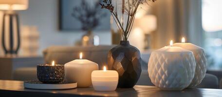 The precise symmetry and elegant design of the geometric candles make for an alluring and modern display on the console table. 2d flat cartoon photo